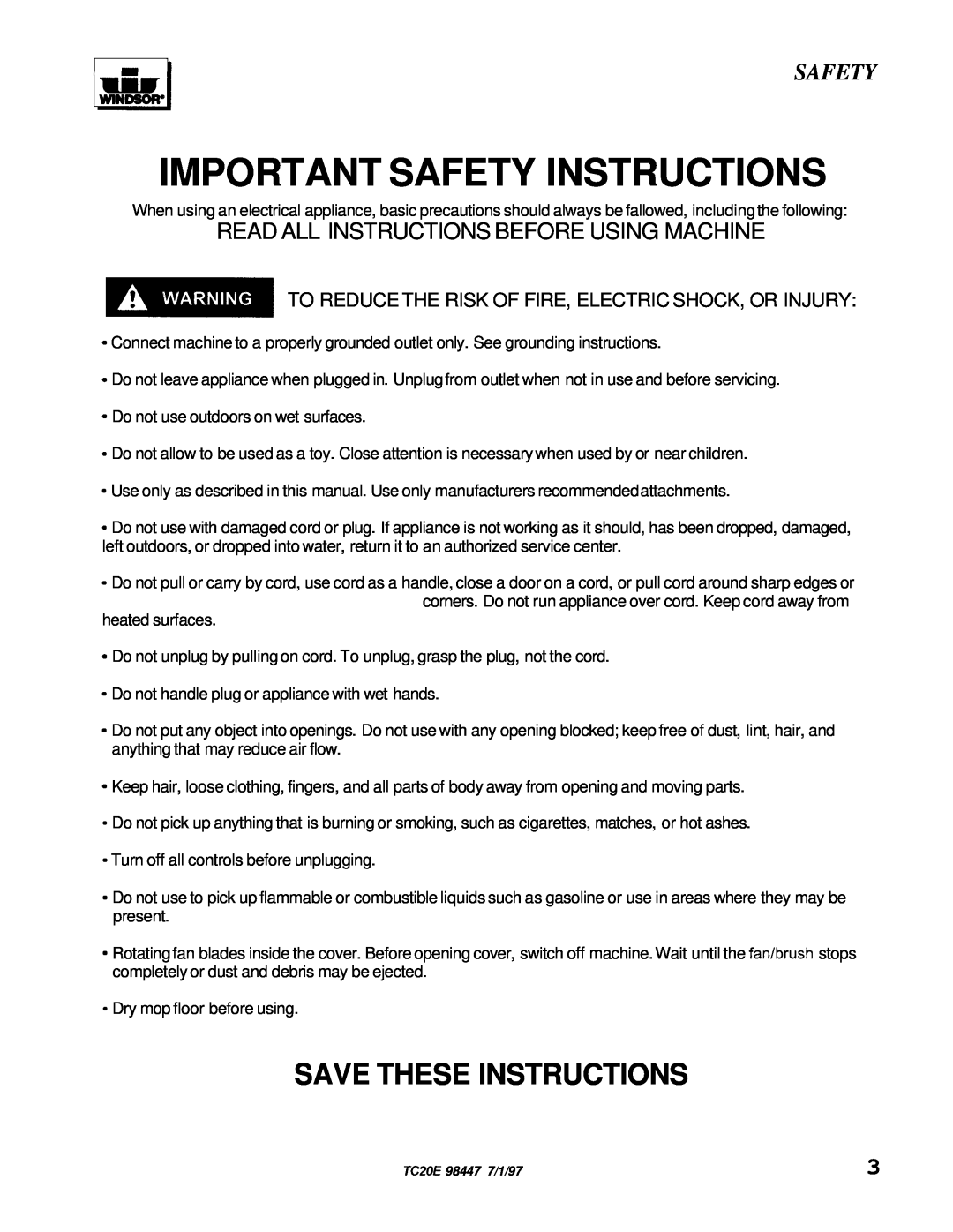 Windsor TCZOE Read All Instructions Before Using Machine, Important Safety Instructions, Save These Instructions 