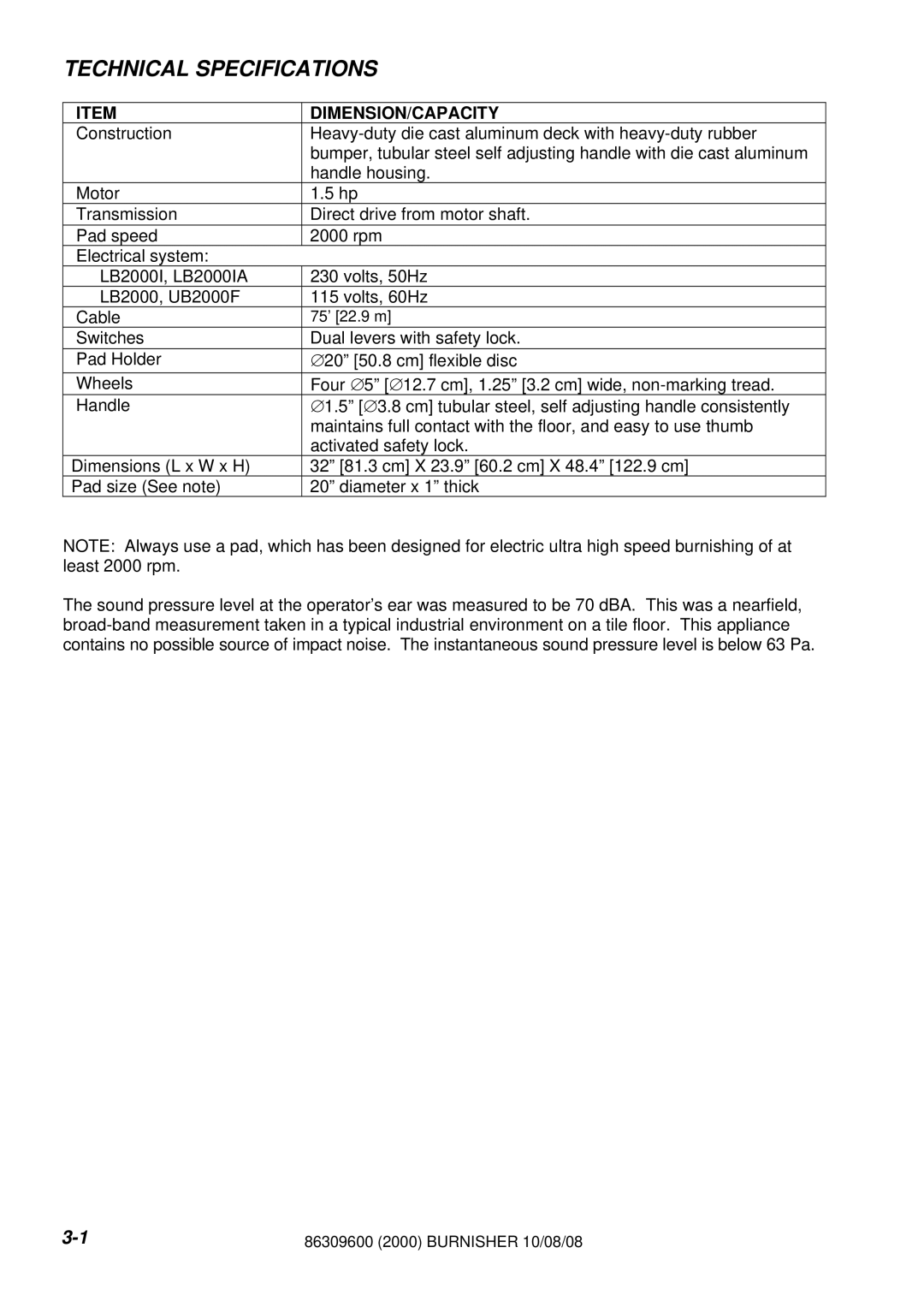 Windsor UB2000F, LB2000IA manual Technical Specifications, Dimension/Capacity 