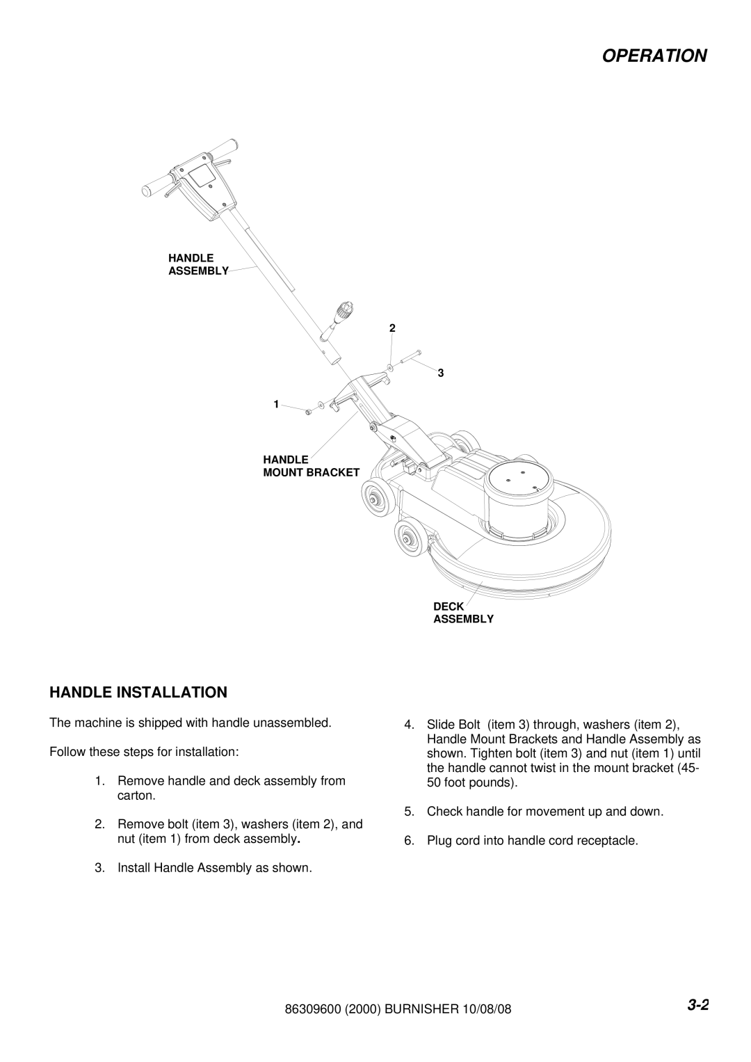 Windsor LB2000IA, UB2000F manual Operation, Handle Installation 