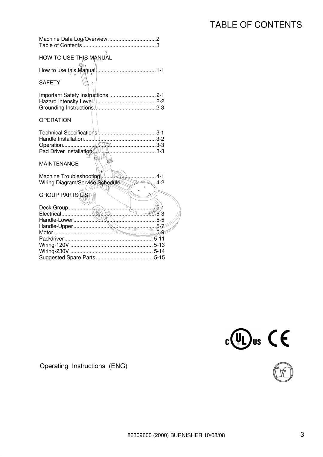 Windsor UB2000F, LB2000IA manual Table of Contents 