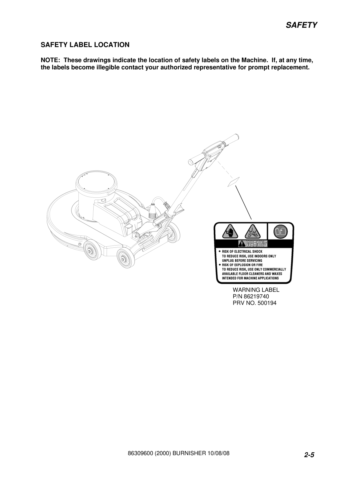 Windsor UB2000F, LB2000IA manual Safety Label Location 