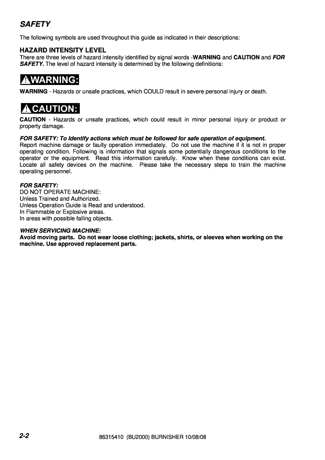 Windsor UB2000F, LB2000IA manual Hazard Intensity Level, Safety 