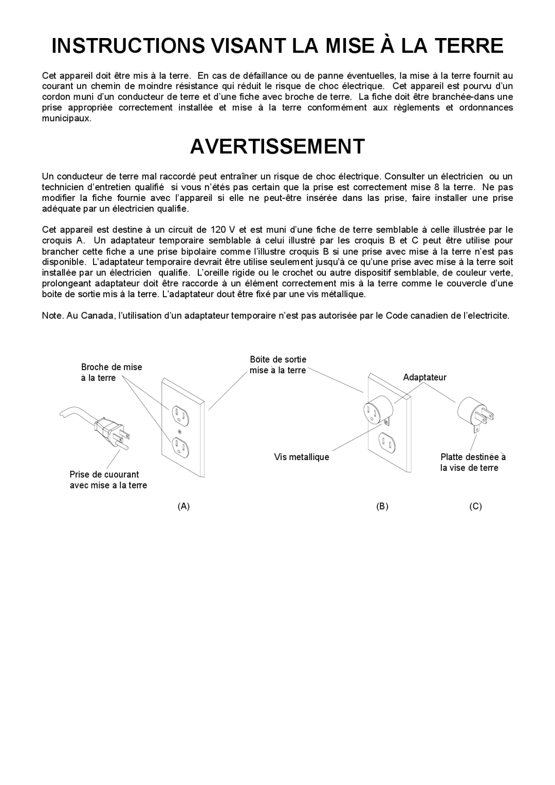 Windsor VS14, VS18, 10120340, 10120360 manual Instructions Visant LA Mise À LA Terre 