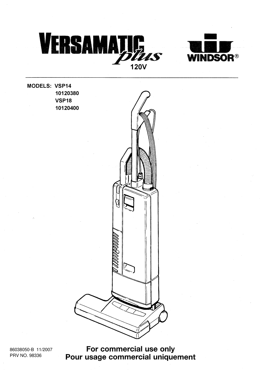 Windsor 10120400, VSP14, VSP18, 10120380 manual 120V 