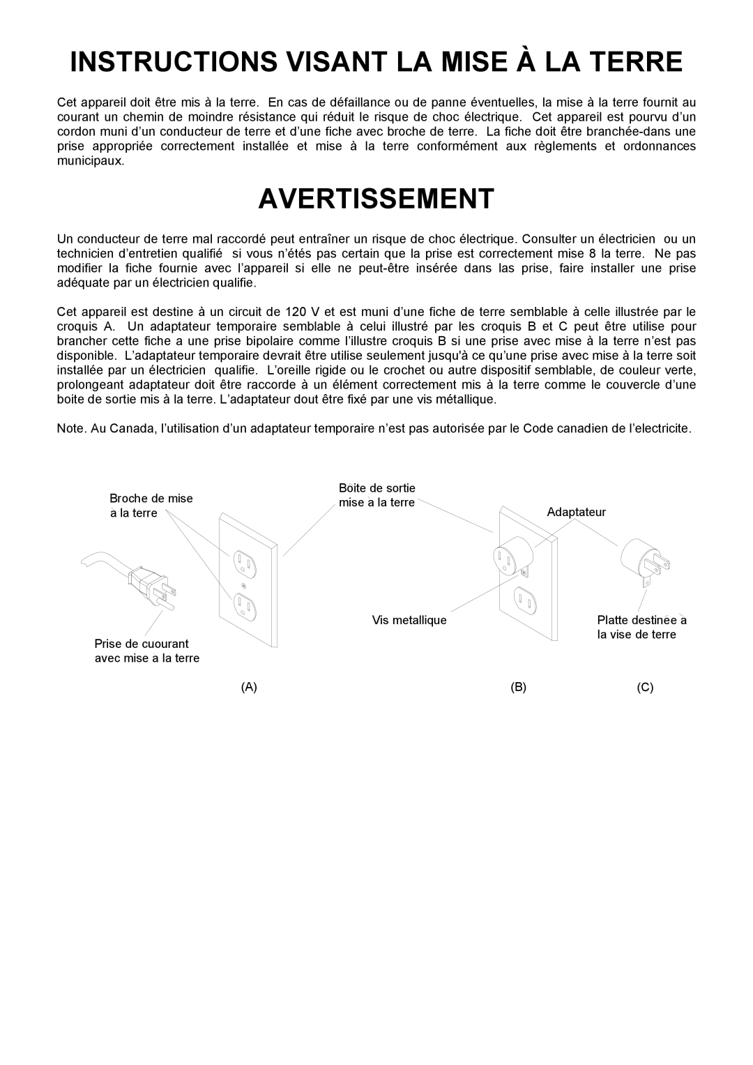 Windsor 10120400, VSP14, VSP18, 10120380 manual Instructions Visant LA Mise À LA Terre 