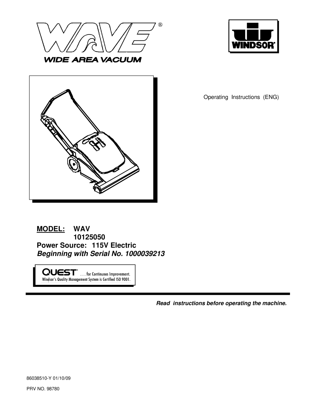 Windsor WAV 10125050 operating instructions Beginning with Serial No 