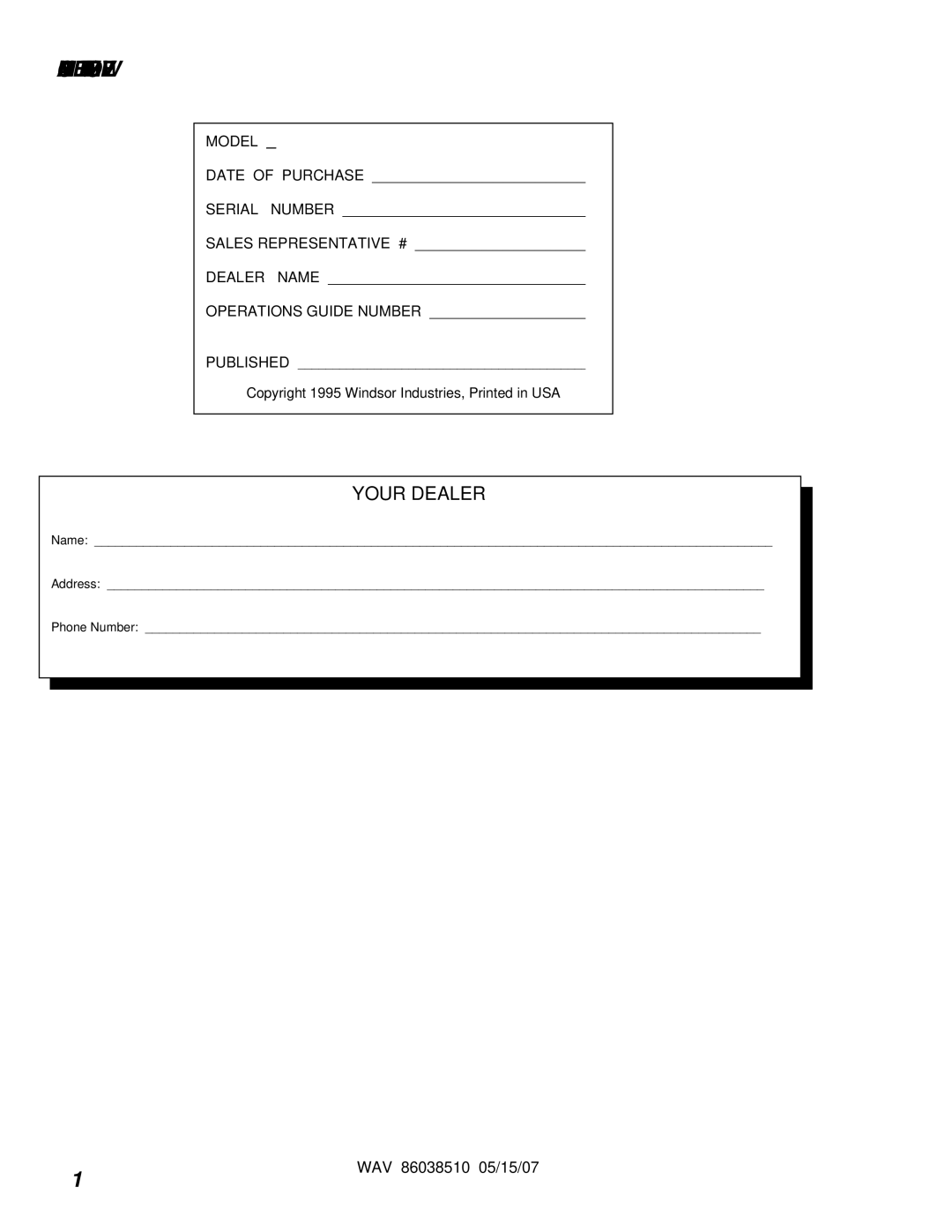 Windsor WAV 10125050 operating instructions Machine Data LOG/OVERVIEW, Model 