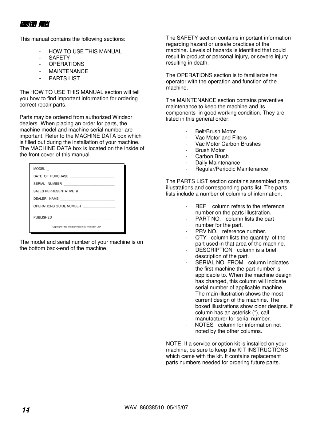 Windsor WAV 10125050 operating instructions HOW to USE this Manual, Model 