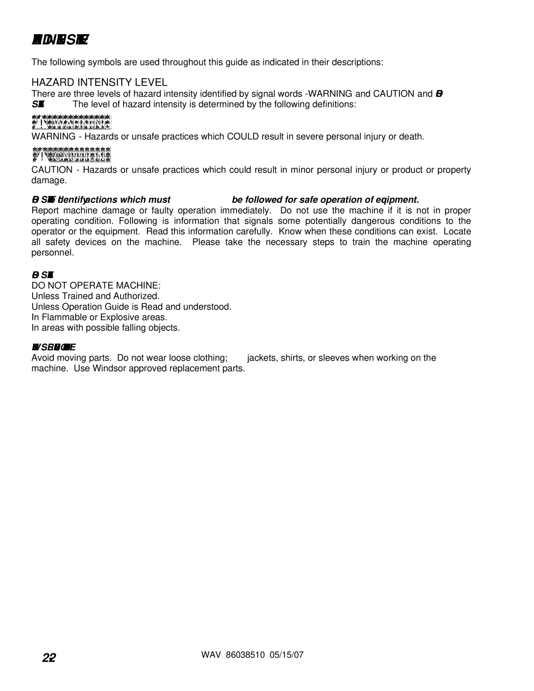 Windsor WAV 10125050 operating instructions Hazard Intensity Level 