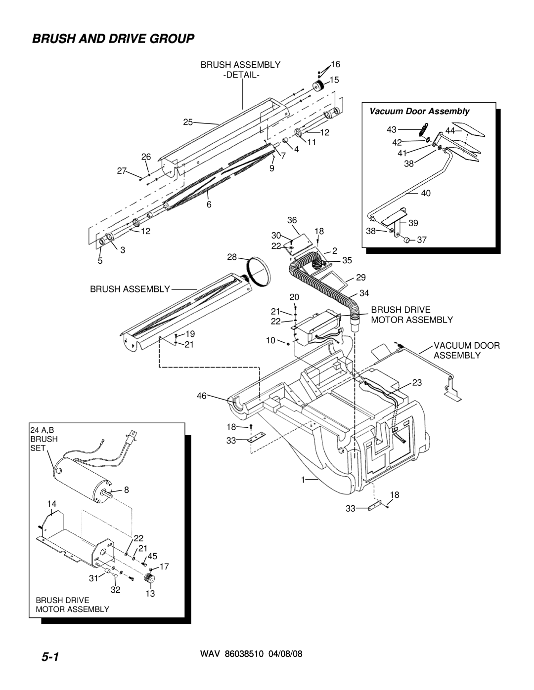 Windsor WAV 10125050 operating instructions Brush And Drive Group, Vacuum Door Assembly 