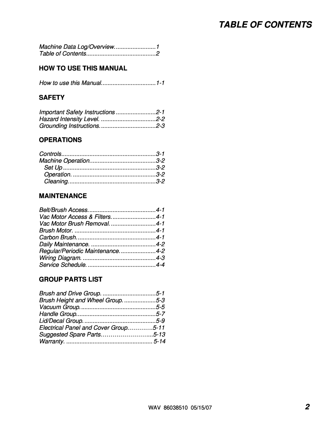 Windsor WAV 10125050 Table Of Contents, How To Use This Manual, Safety, Operations, Maintenance, Group Parts List 