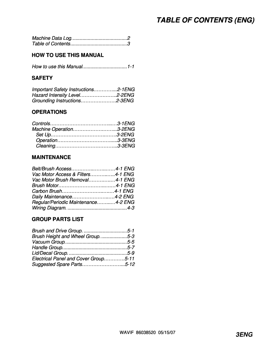 Windsor 10125060 Table Of Contents Eng, 3ENG, How To Use This Manual, Safety, Operations, Maintenance, Group Parts List 