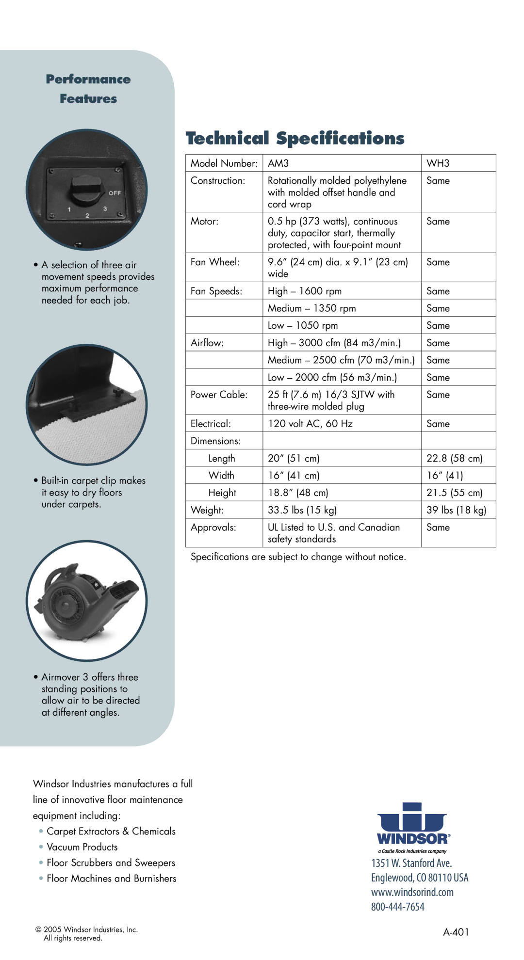 Windsor WindHandler 3, AirMover 3 manual Technical Speciﬁcations, Performance Features, AM3 WH3 