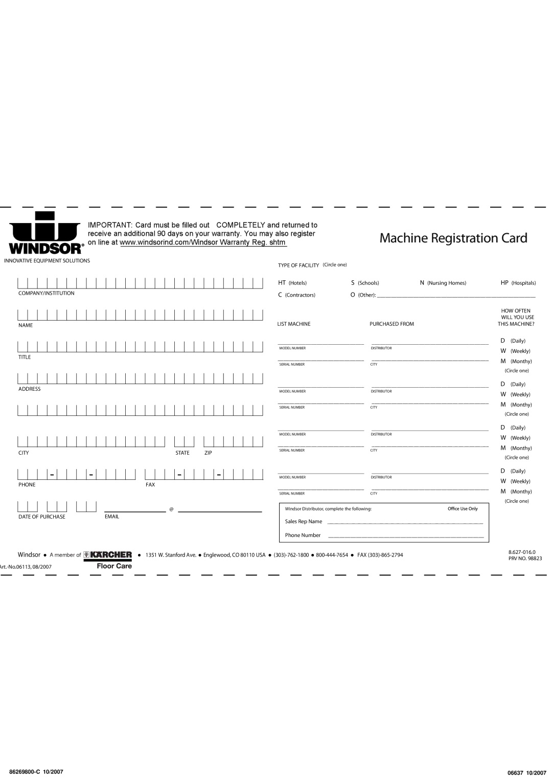 Windsor XP 18, SRXP18, 10120300 manual Machine Registration Card 