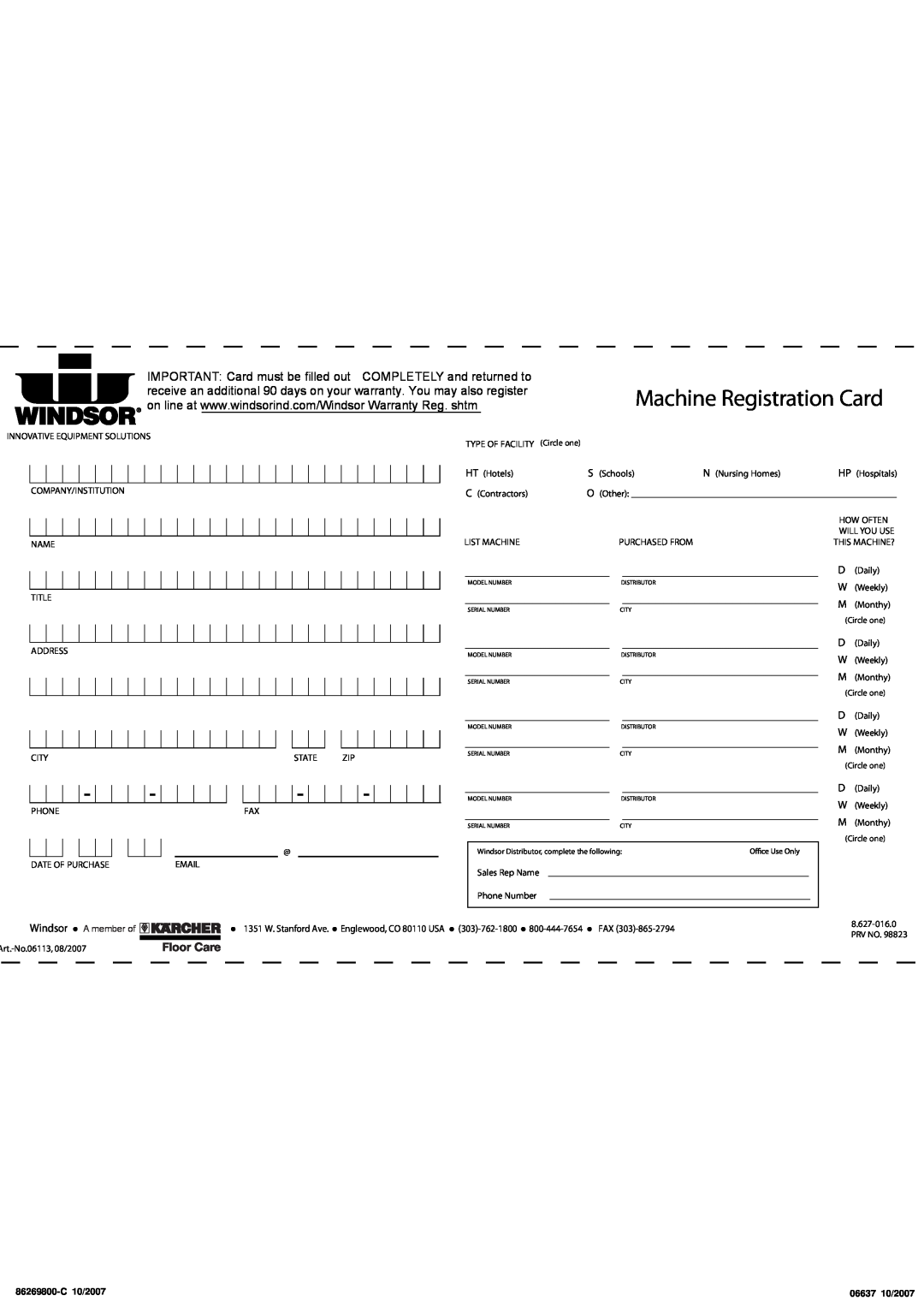 Windsor XP 18, SRXP18, 10120300 manual Machine Registration Card, Windsor, A member of 