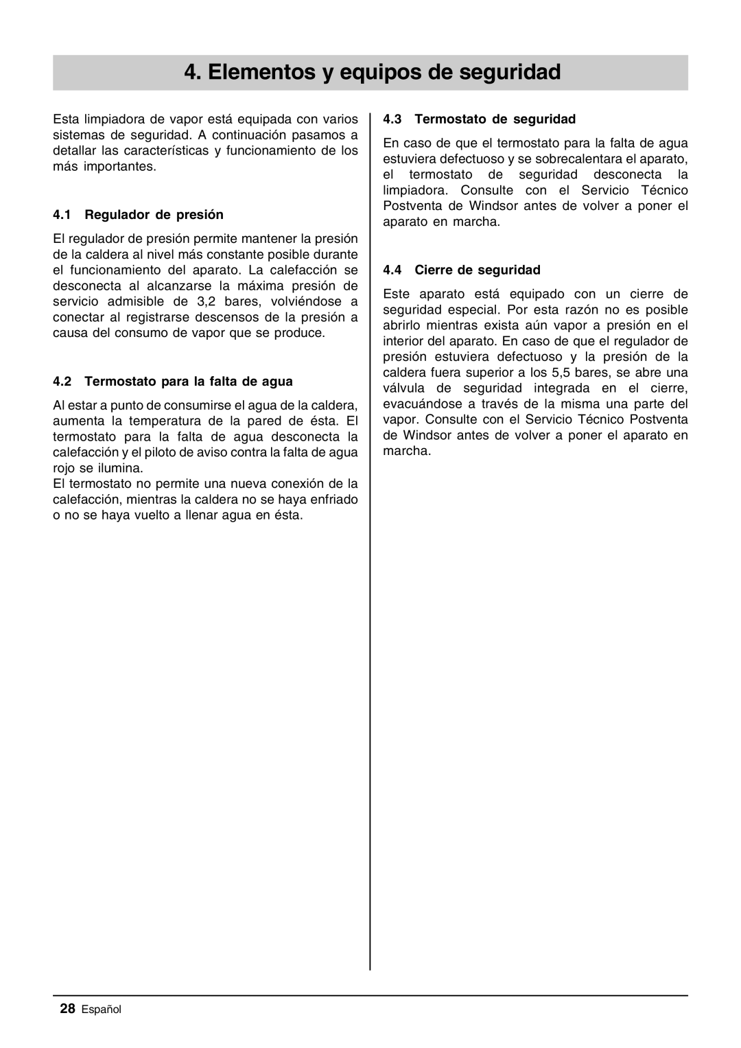 Windsor Zephyr manual Regulador de presión, Termostato para la falta de agua, Termostato de seguridad, Cierre de seguridad 
