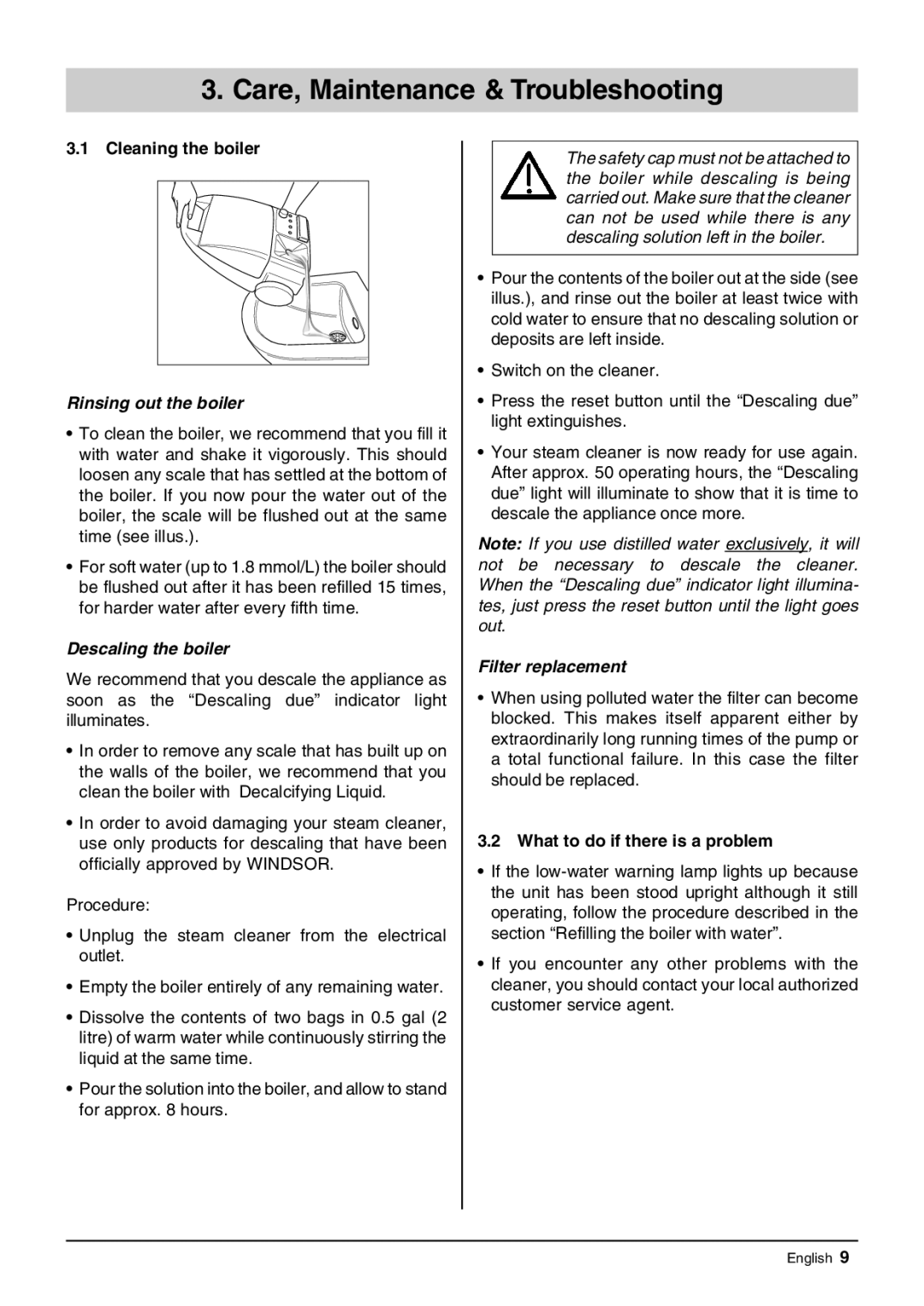 Windsor Zephyr manual Care, Maintenance & Troubleshooting, Cleaning the boiler, What to do if there is a problem 