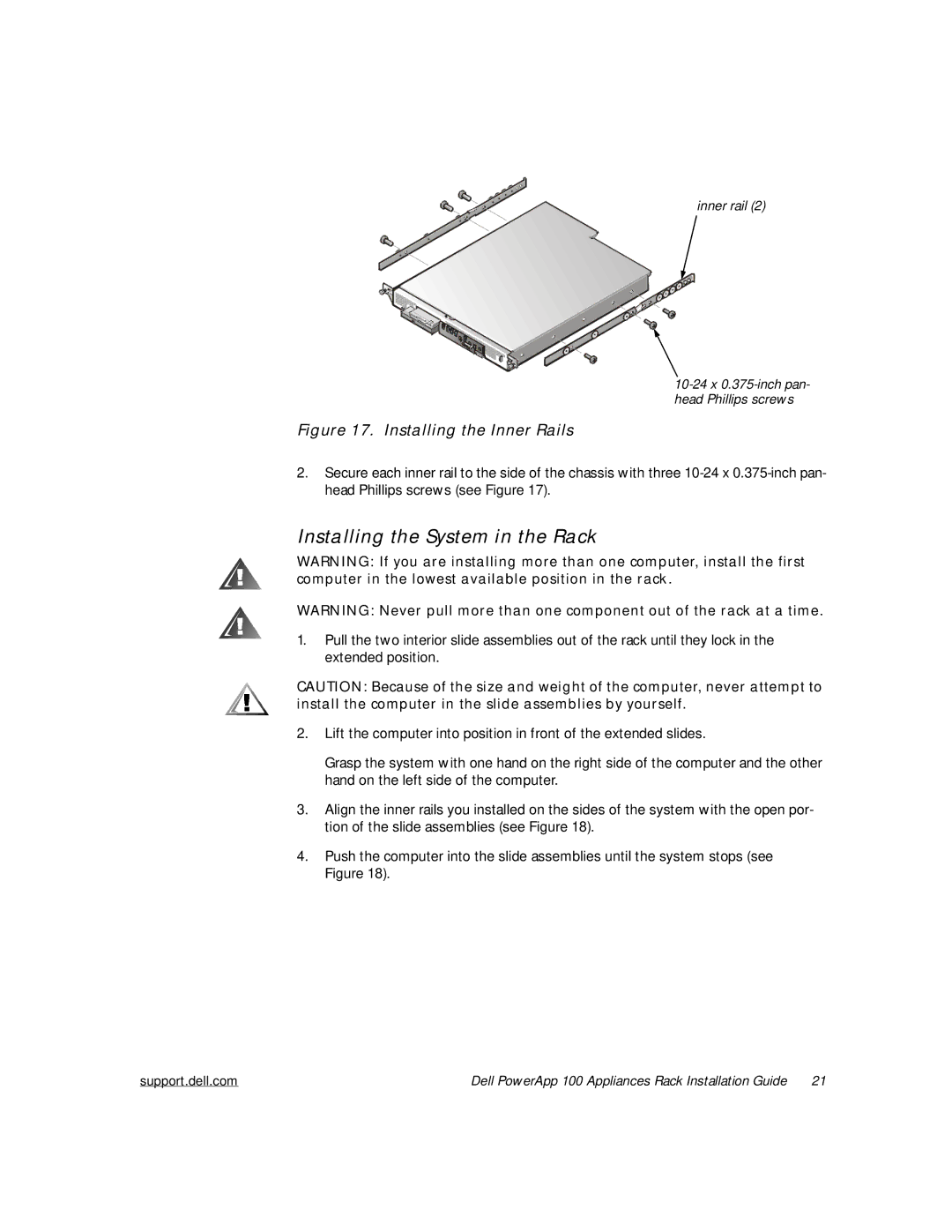 Windster 100 manual Installing the Inner Rails 