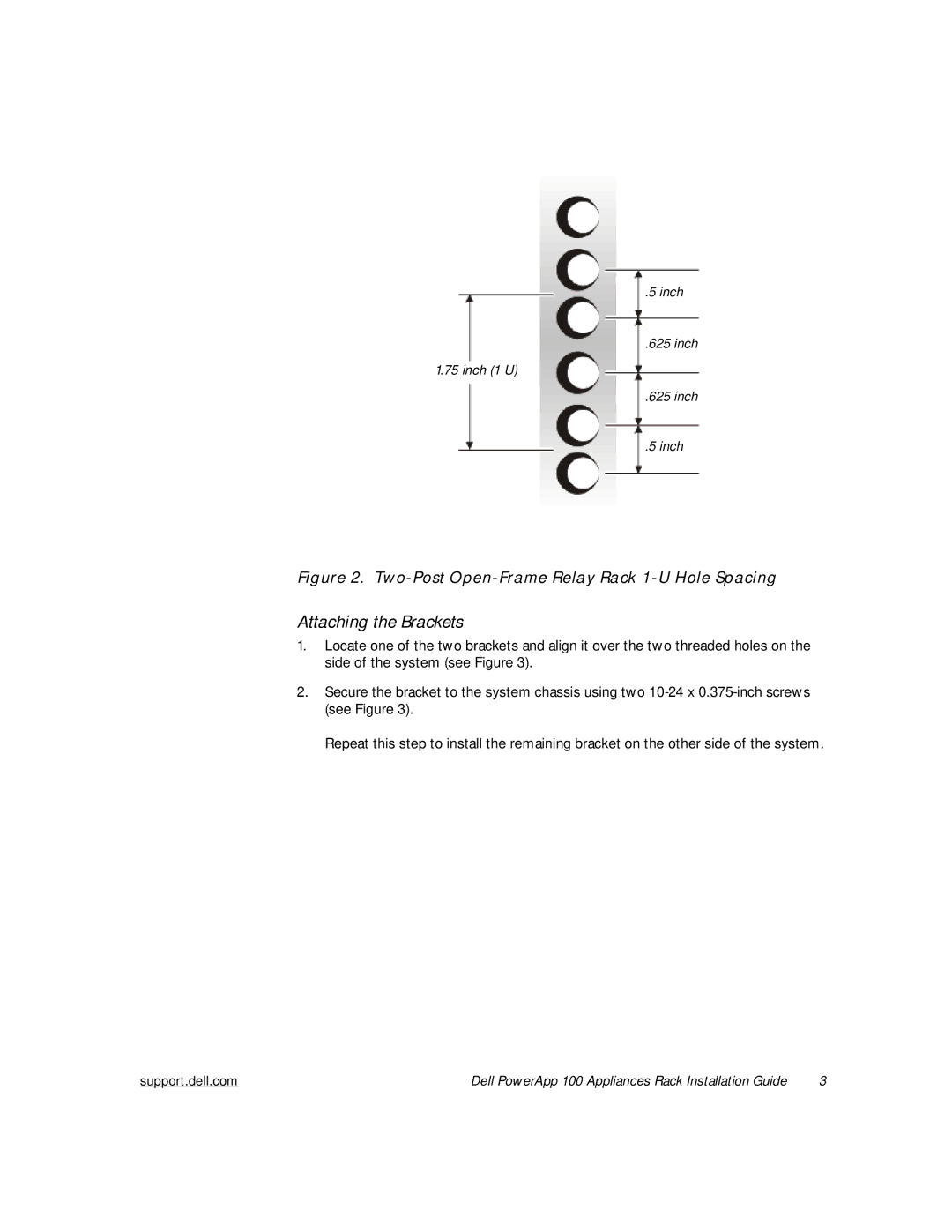 Windster 100 manual Attaching the Brackets, Two-Post Open-Frame Relay Rack 1-U Hole Spacing 