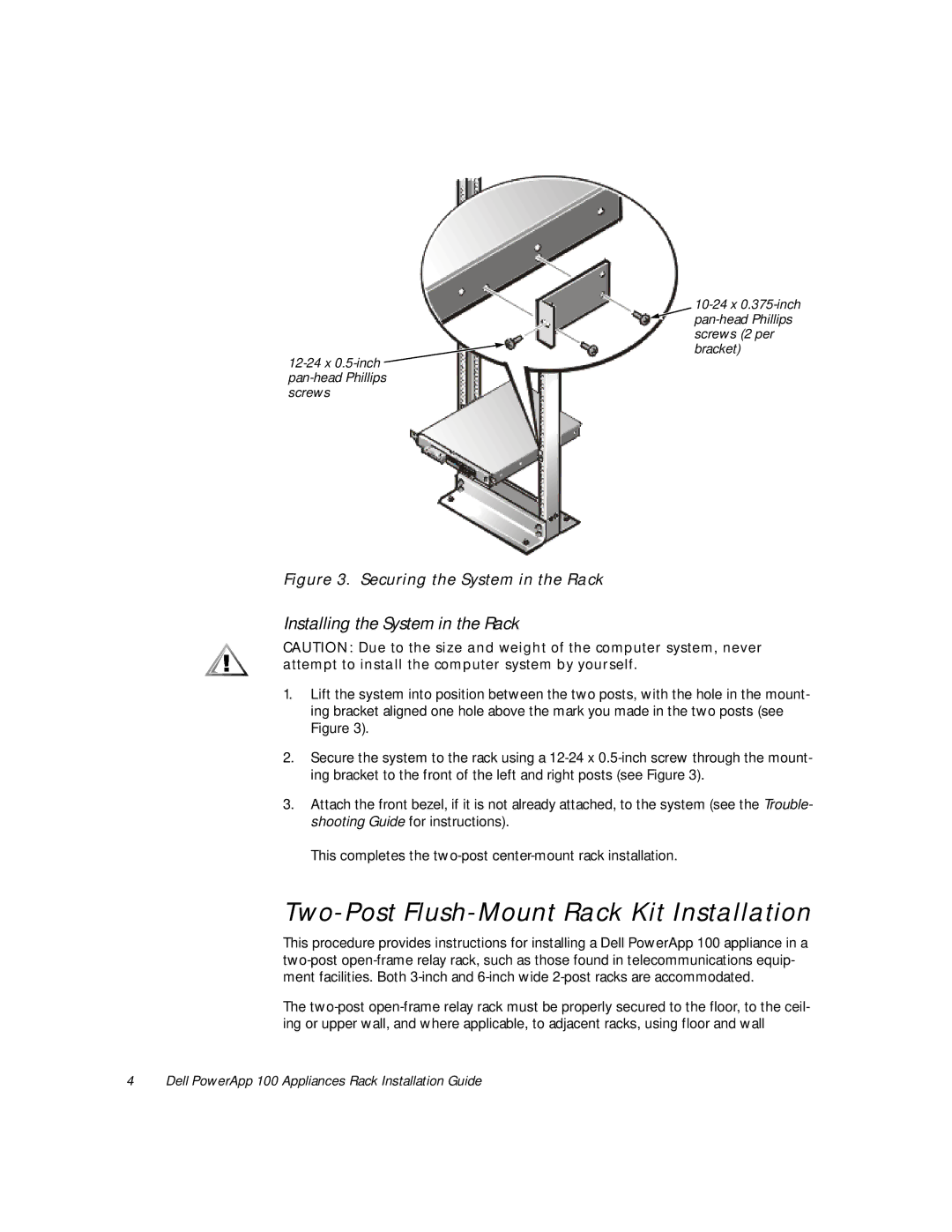 Windster 100 manual Two-Post Flush-Mount Rack Kit Installation, Installing the System in the Rack 