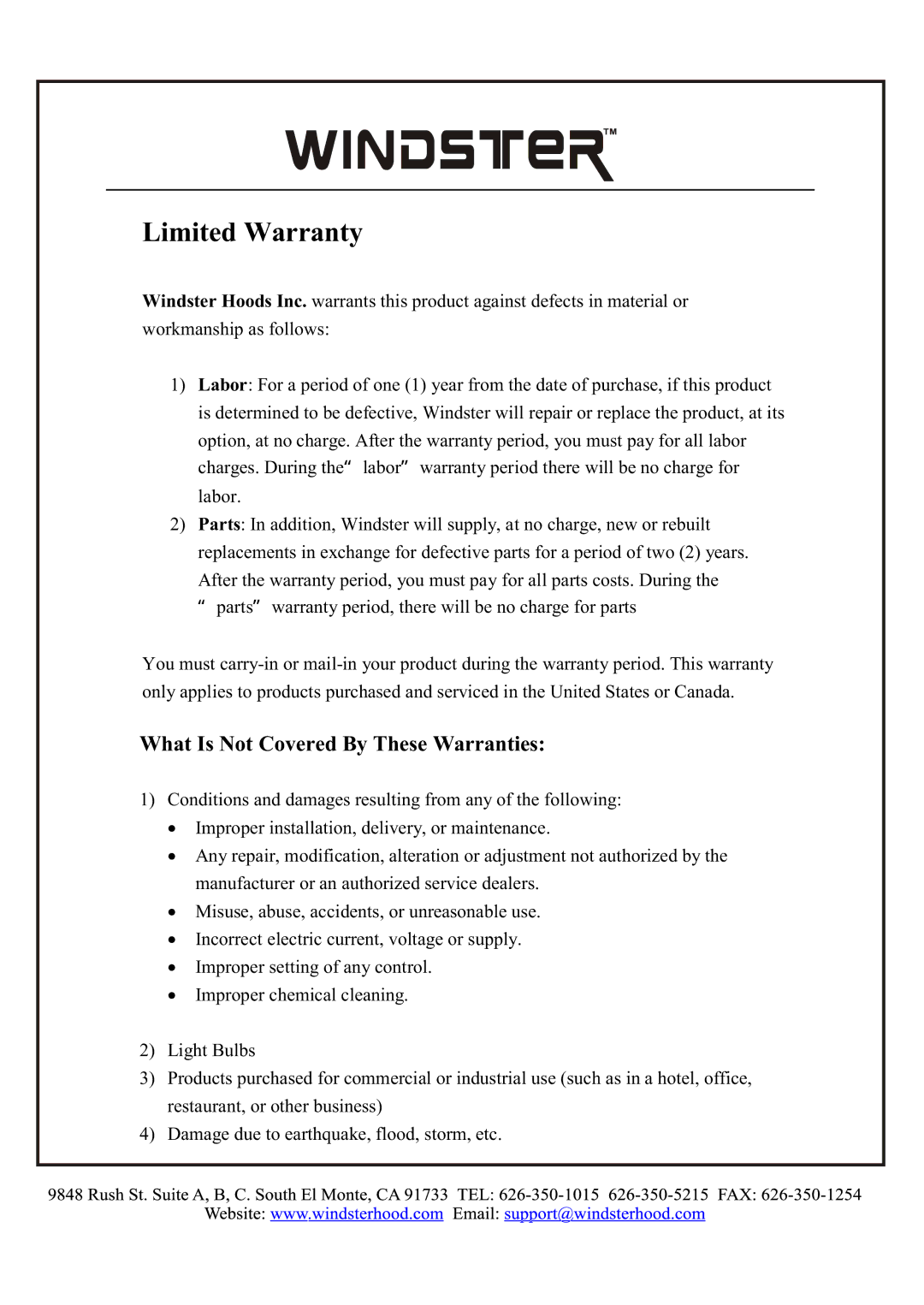 Windster RA-2290 manual Limited Warranty 