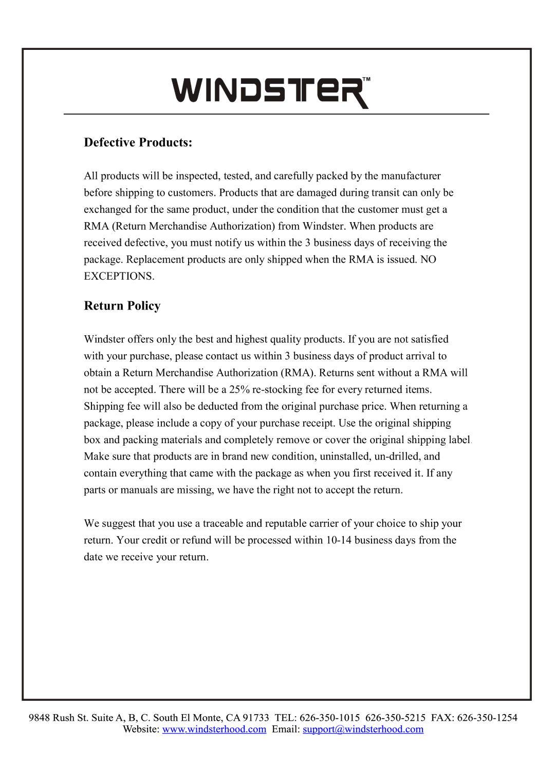 Windster RA-2290 manual Defective Products 