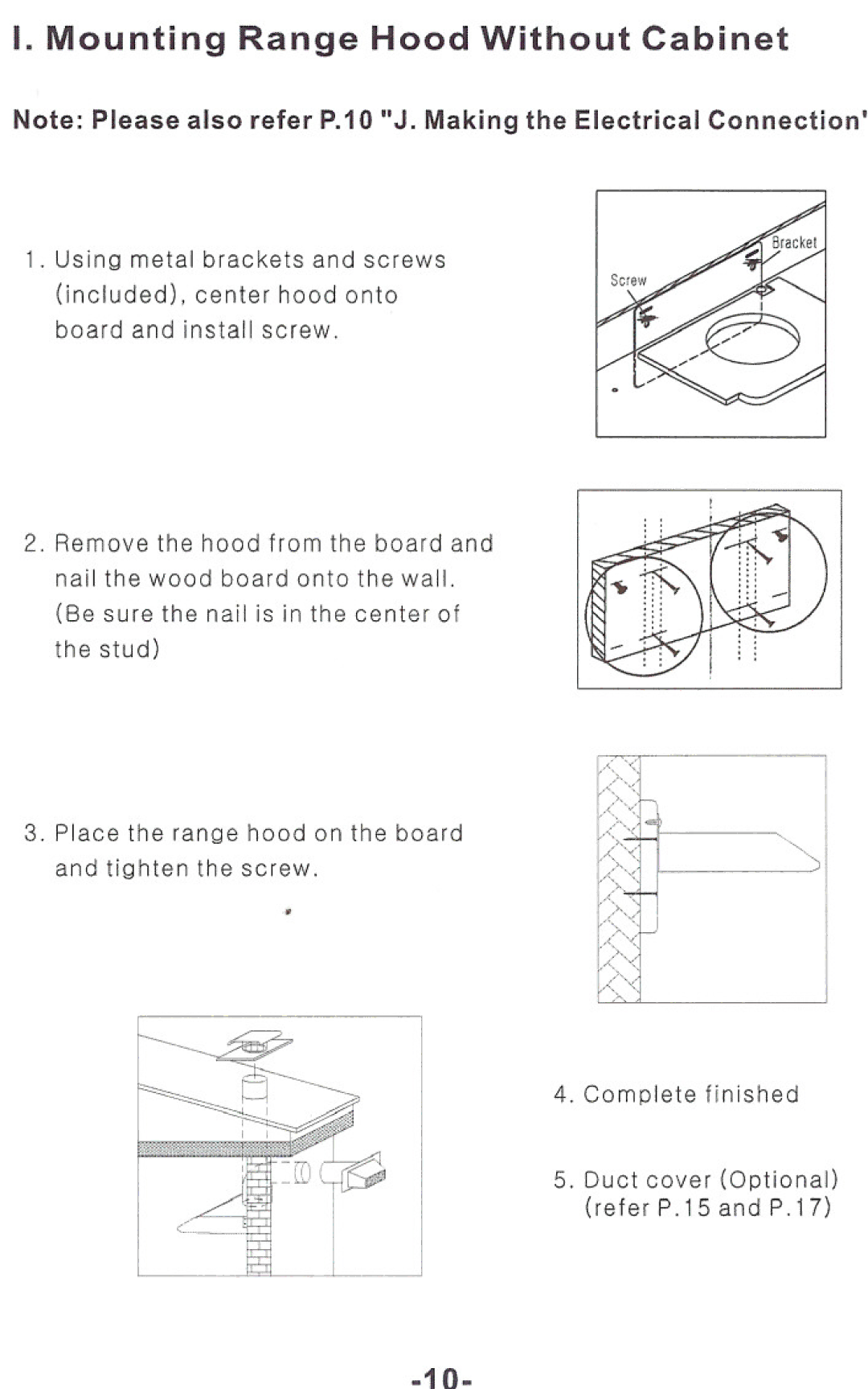 Windster RA.3030/3036, RA.3130/3136 operation manual Mounting Range Hood Without Cabinet 