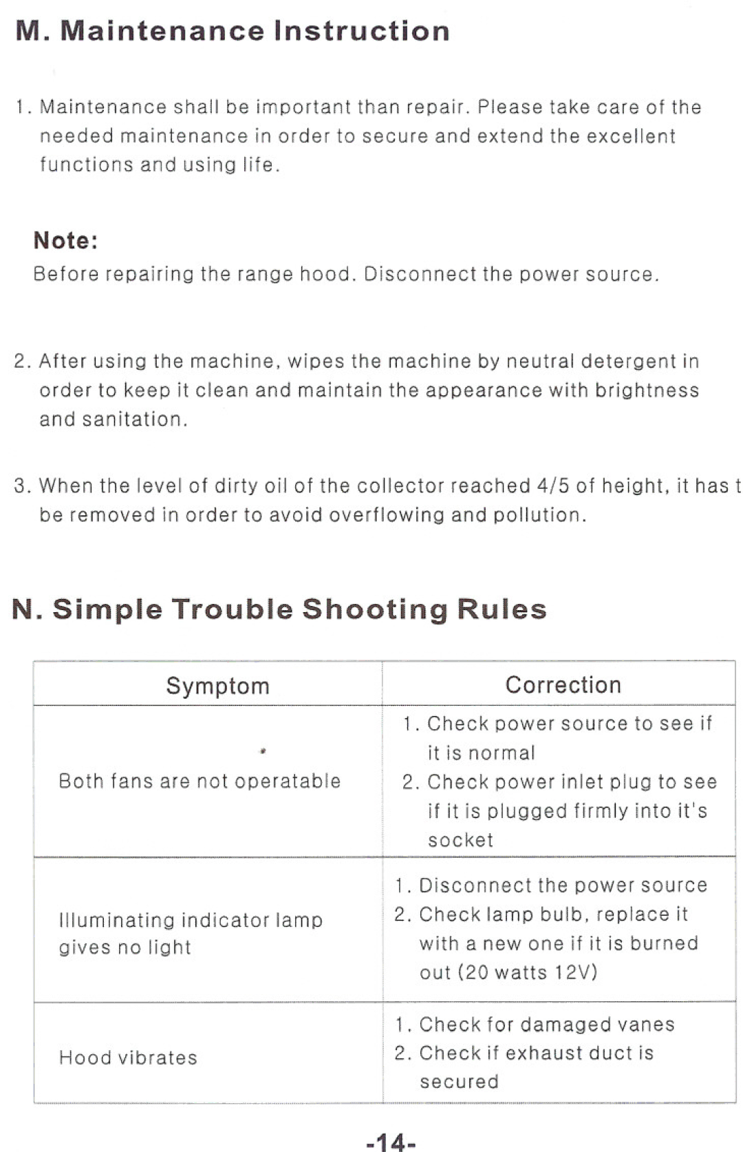 Windster RA.3030/3036, RA.3130/3136 operation manual Maintenance Instruction, Simple Trouble Shooting Rules 