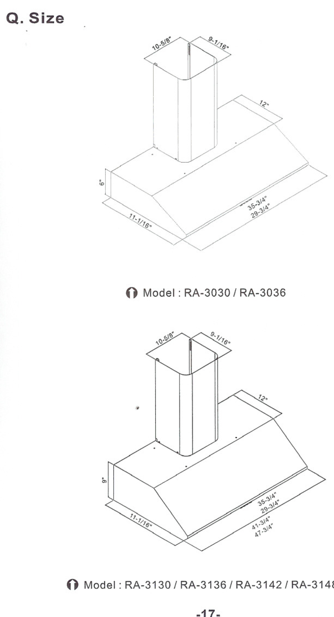 Windster RA.3130/3136, RA.3030/3036 operation manual Size 