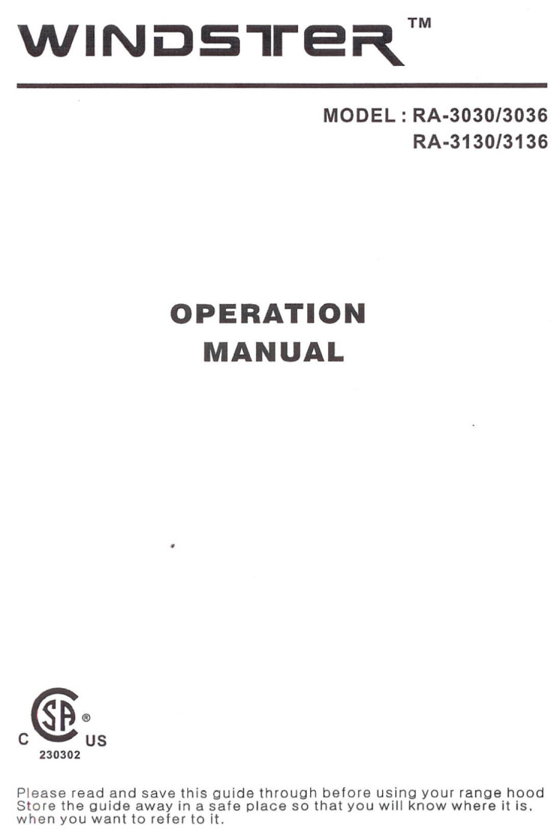 Windster operation manual MODEL RA.3030/3036 RA.3130/3136, WINi JSre~TM, c@~s, 230302 