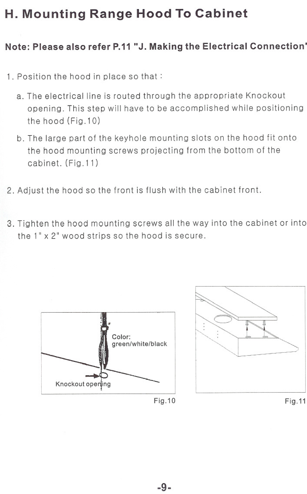 Windster RA.3130/3136, RA.3030/3036 operation manual H. Mounting Range Hood To Cabinet, Fig.1 