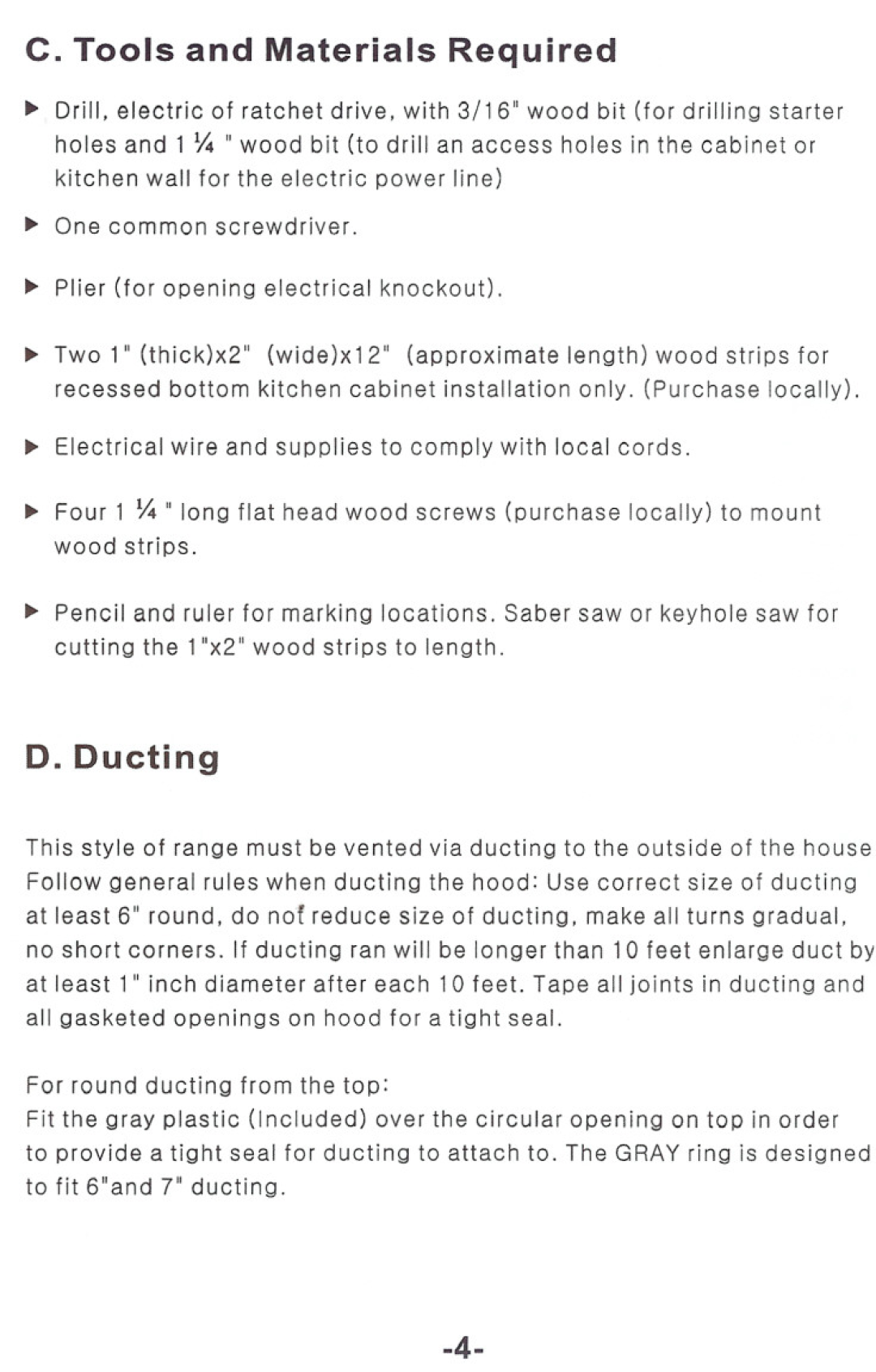 Windster RA.3030/3036, RA.3130/3136 operation manual c. Tools and Materials Required, D. Ducting 