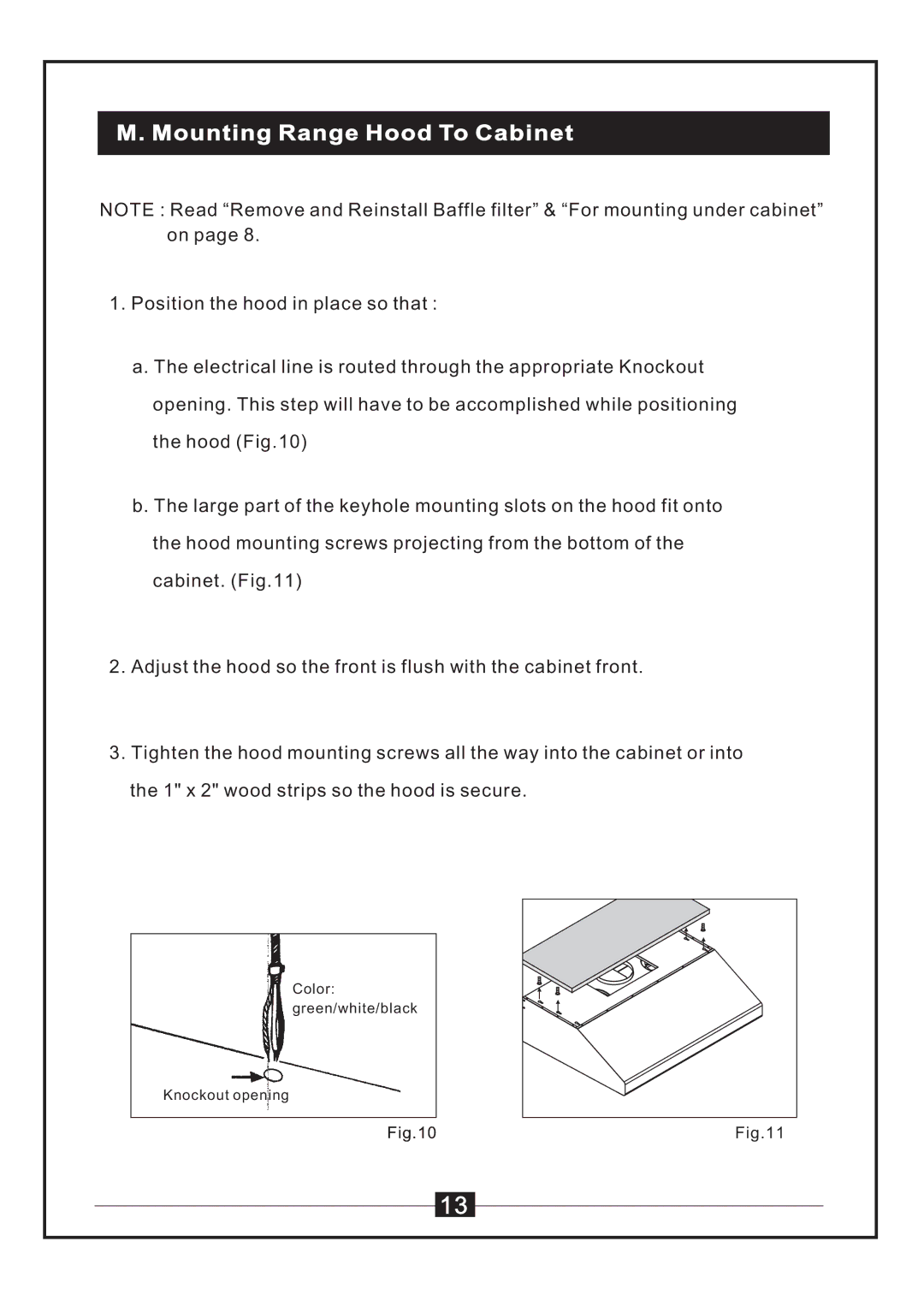 Windster WS-38 manual Mounting Range Hood To Cabinet 