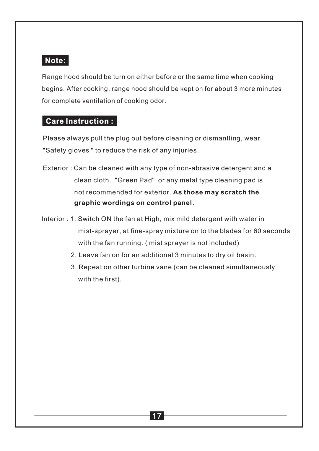 Windster WS-38 manual Care Instruction, Graphic wordings on control panel 