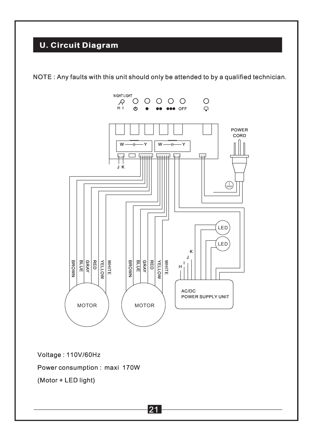 Windster WS-38 manual U. Circuit Diagram, Motormotor, Led Led, Night Light H, Blue, Gray, Brown, Yellow, White 