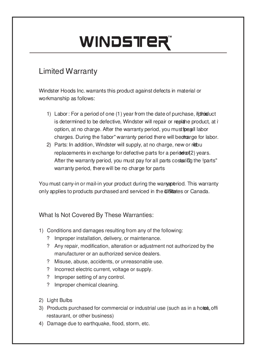 Windster WS-55 SERIES manual Limited Warranty 