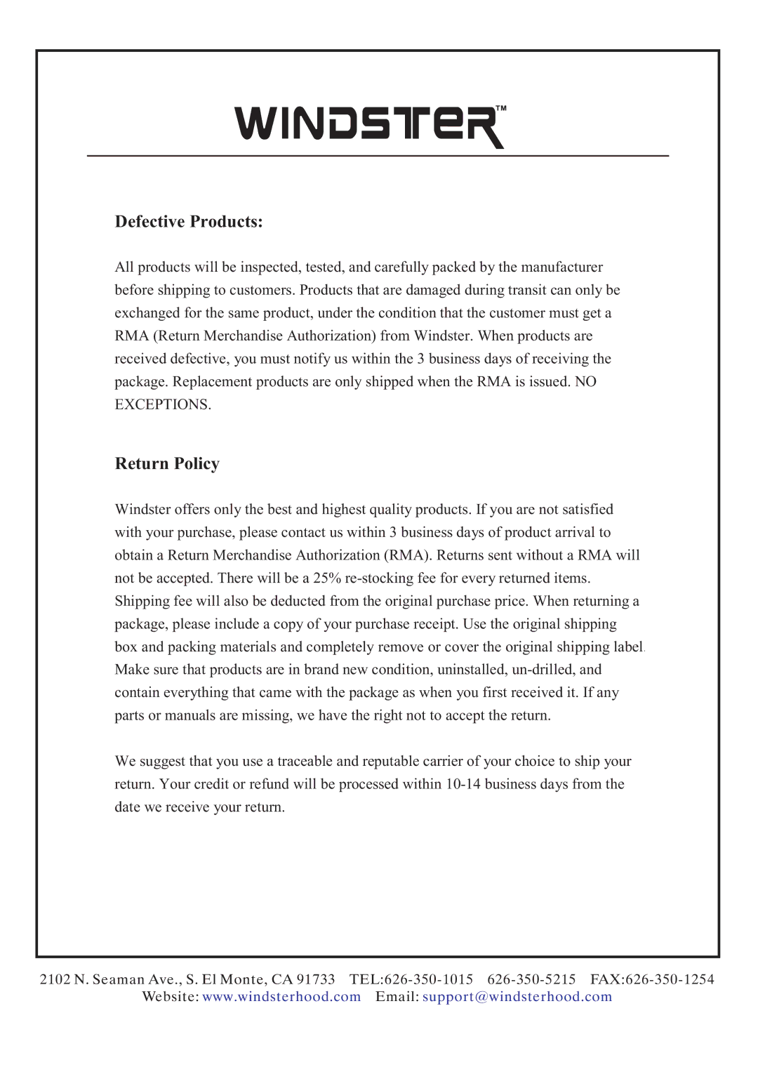 Windster WS-55 SERIES manual Defective Products 