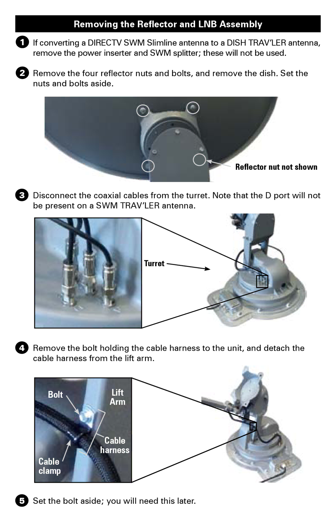 Winegard 1000 manual Removing the Reflector and LNB Assembly, Reflector nut not shown, Turret 