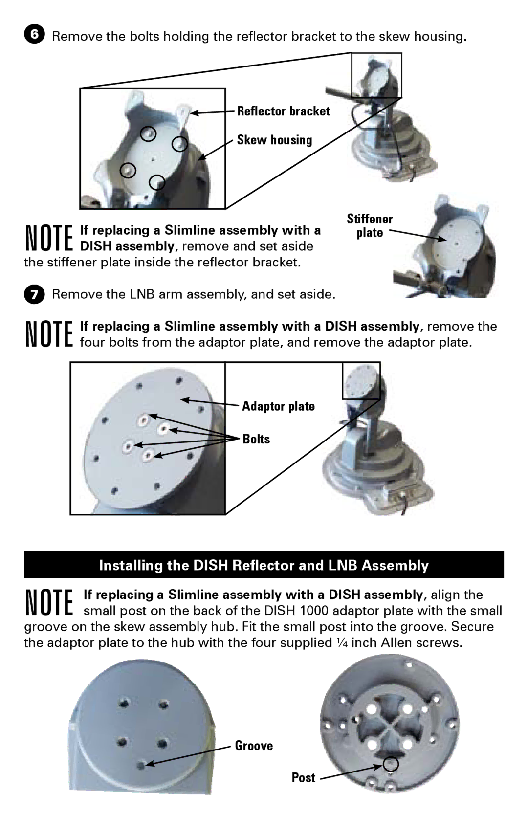 Winegard 1000 manual Installing the Dish Reflector and LNB Assembly, Reflector bracket Skew housing, Stiffener Plate, Bolts 