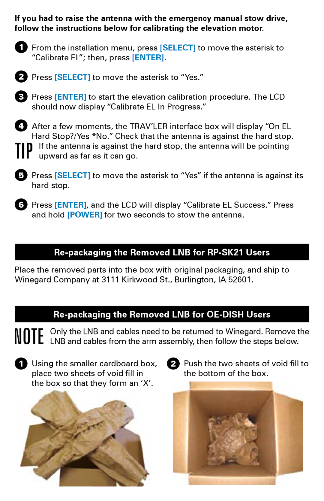 Winegard 1000 manual Re-packaging the Removed LNB for RP-SK21 Users, Re-packaging the Removed LNB for OE-DISH Users 