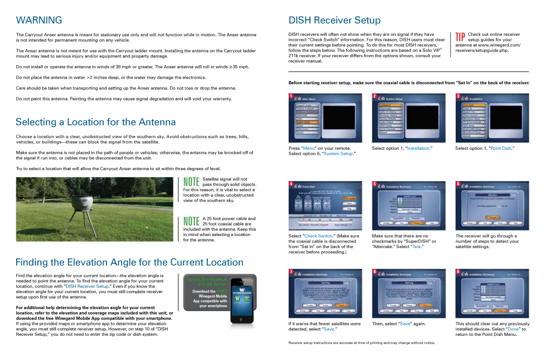 Winegard 2452276 instruction manual Dish Receiver Setup, Selecting a Location for the Antenna 