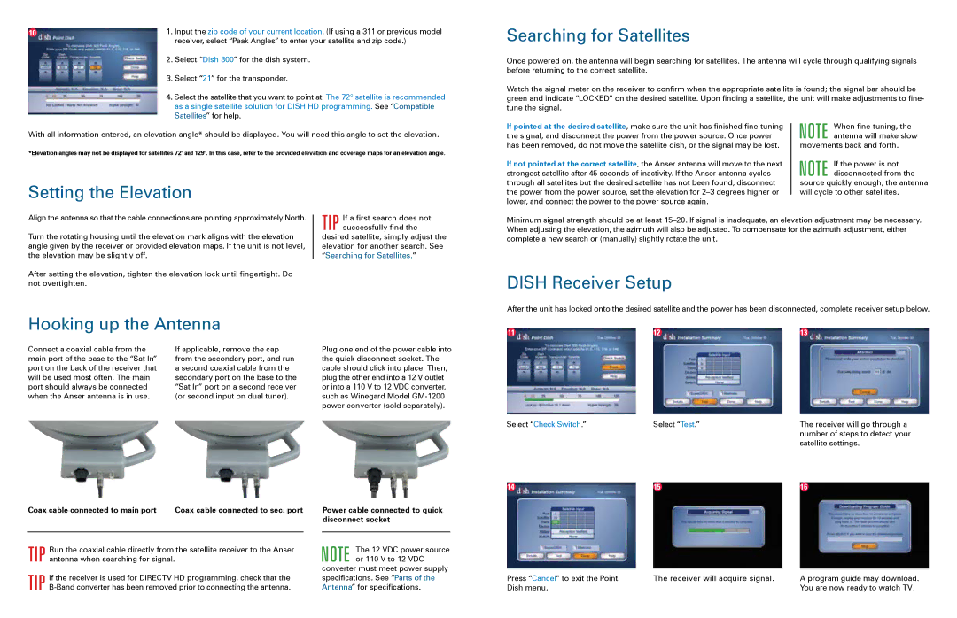 Winegard 2452276 instruction manual Searching for Satellites, Setting the Elevation, Hooking up the Antenna 