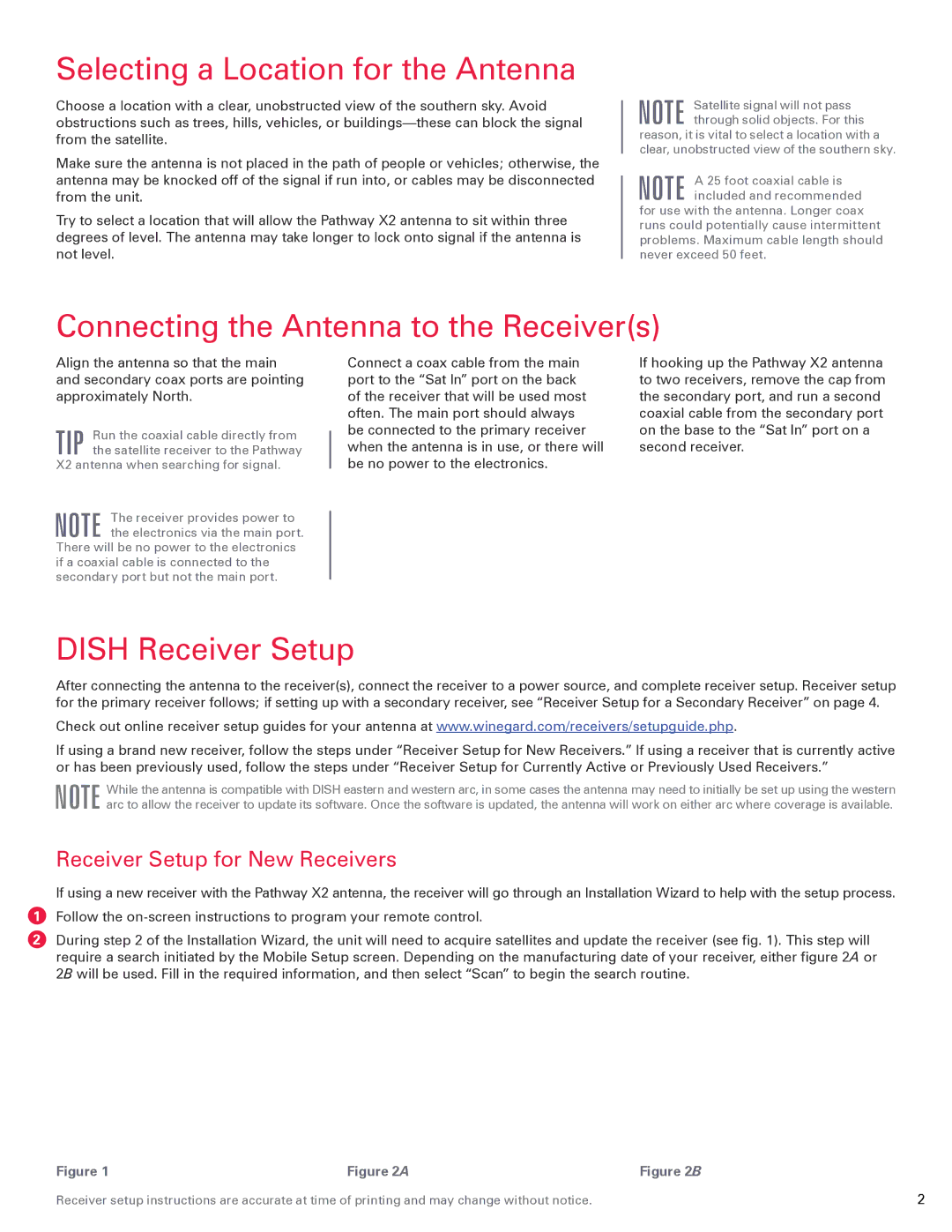 Winegard 2452292 Selecting a Location for the Antenna, Connecting the Antenna to the Receivers, Dish Receiver Setup 