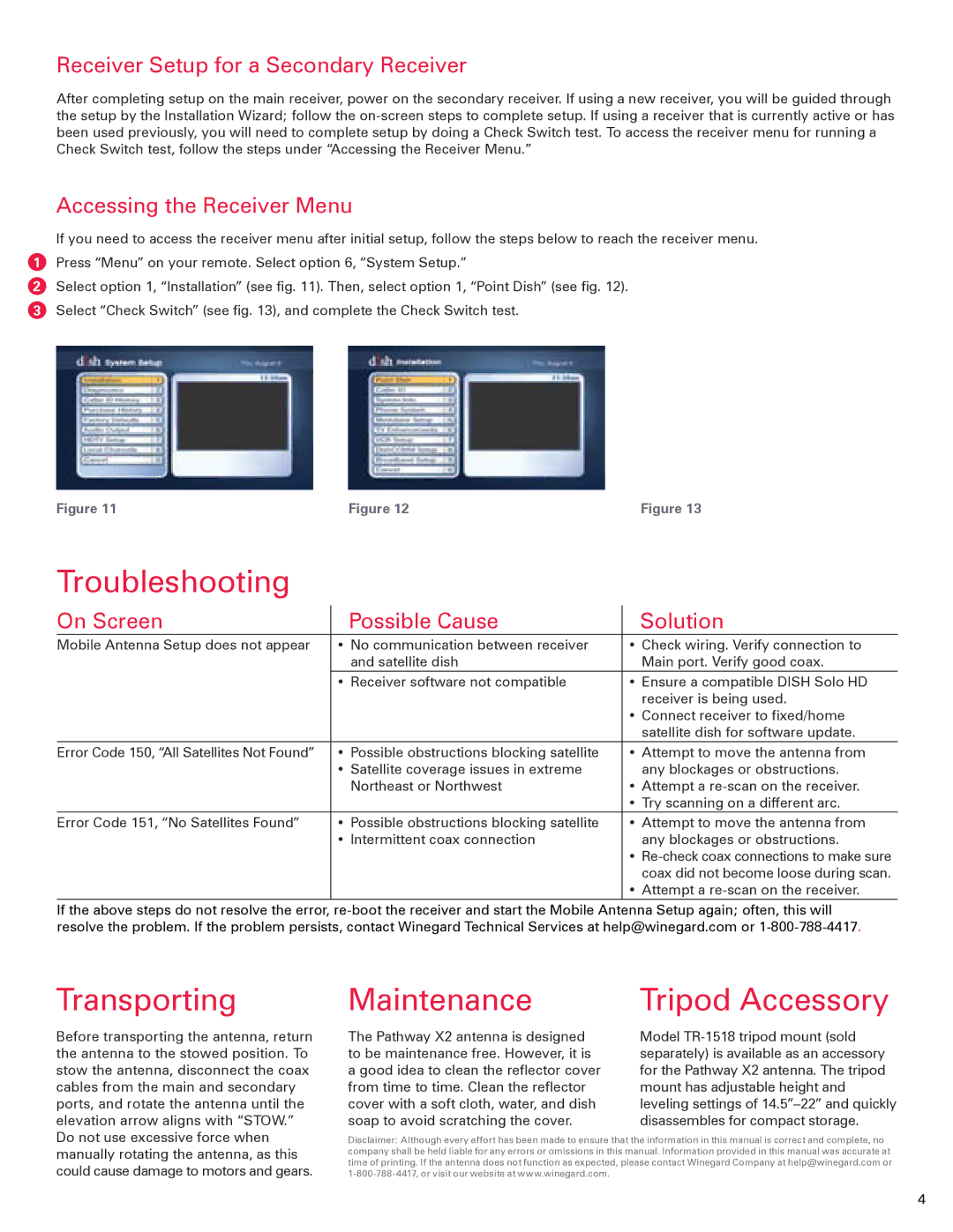 Winegard 2452292 instruction manual Troubleshooting, Transporting, Maintenance, Tripod Accessory 