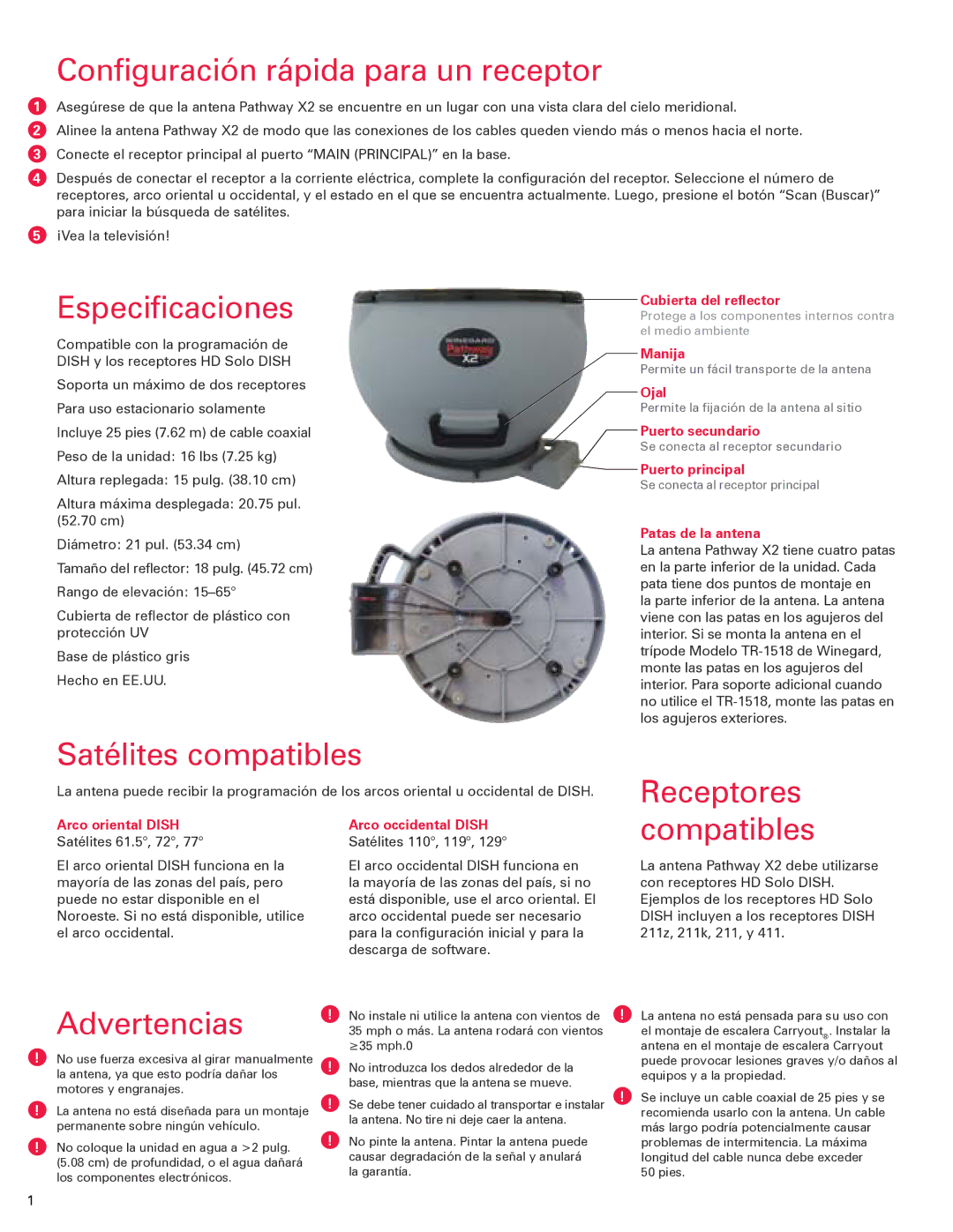 Winegard 2452292 Configuración rápida para un receptor, Especificaciones, Satélites compatibles, Receptores, Advertencias 