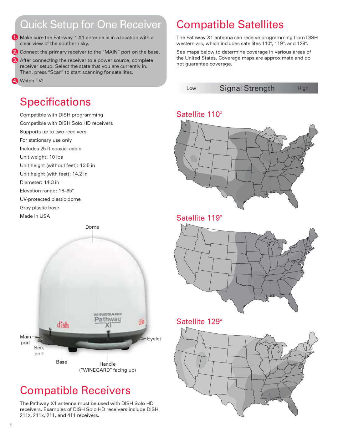 Winegard 2452314 instruction manual Specifications, Compatible Receivers, Compatible Satellites 