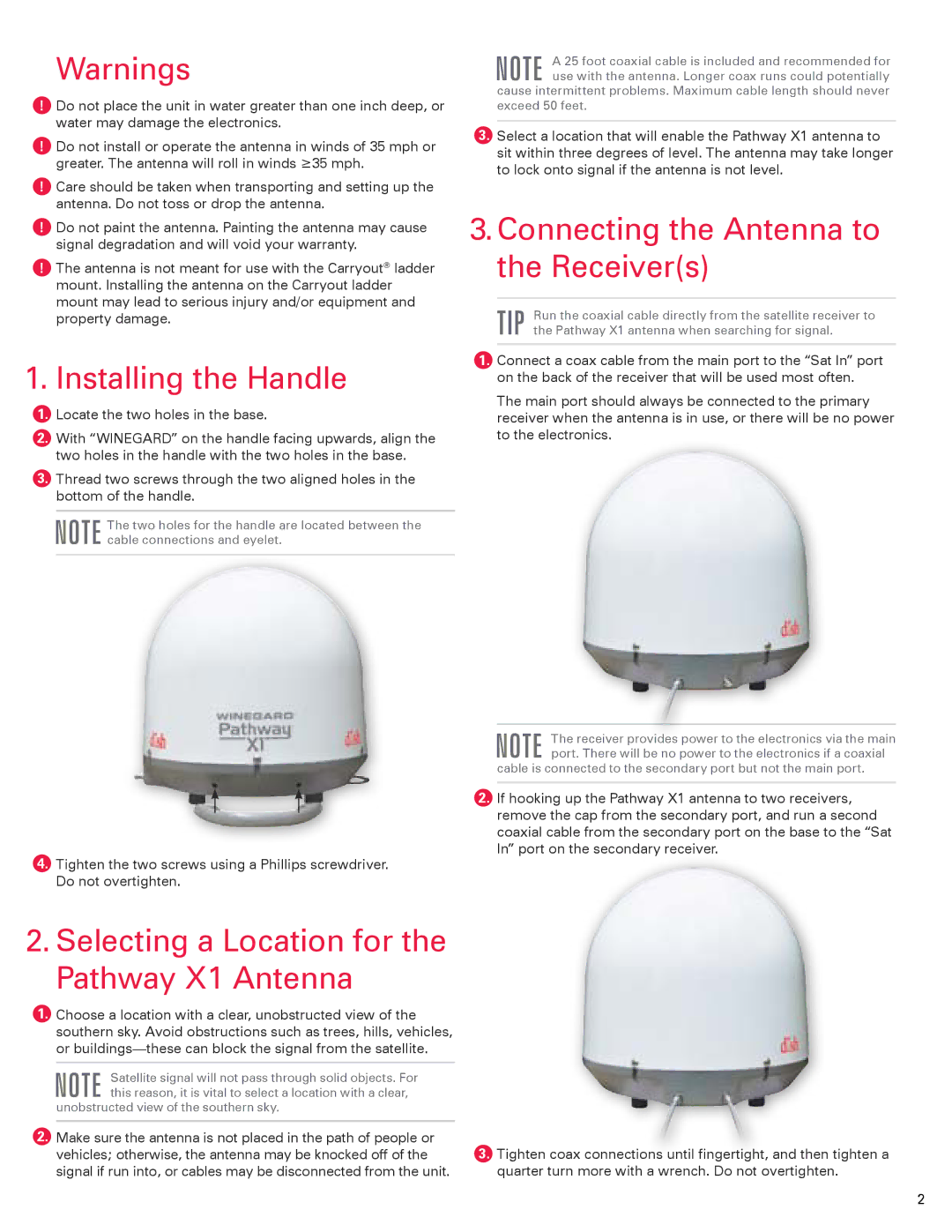 Winegard 2452314 instruction manual Installing the Handle, Selecting a Location for the Pathway X1 Antenna 