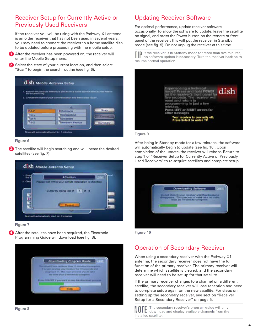 Winegard 2452314 instruction manual Updating Receiver Software, Operation of Secondary Receiver 