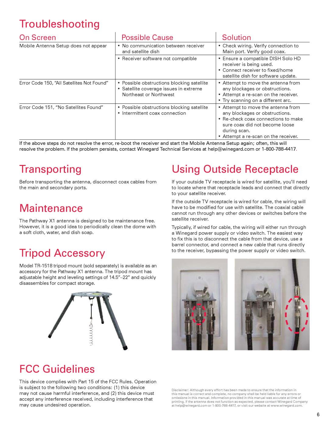 Winegard 2452314 Troubleshooting, Transporting, Maintenance, Tripod Accessory, FCC Guidelines, Using Outside Receptacle 