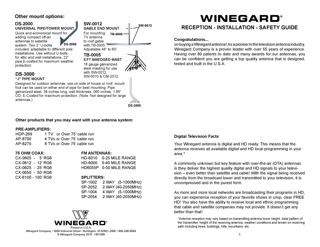 Winegard SP-2054 manual Reception - Installation - Safety Guide, Other mount options, DS-3000, DS-2000, SW-0012, TB-0005 